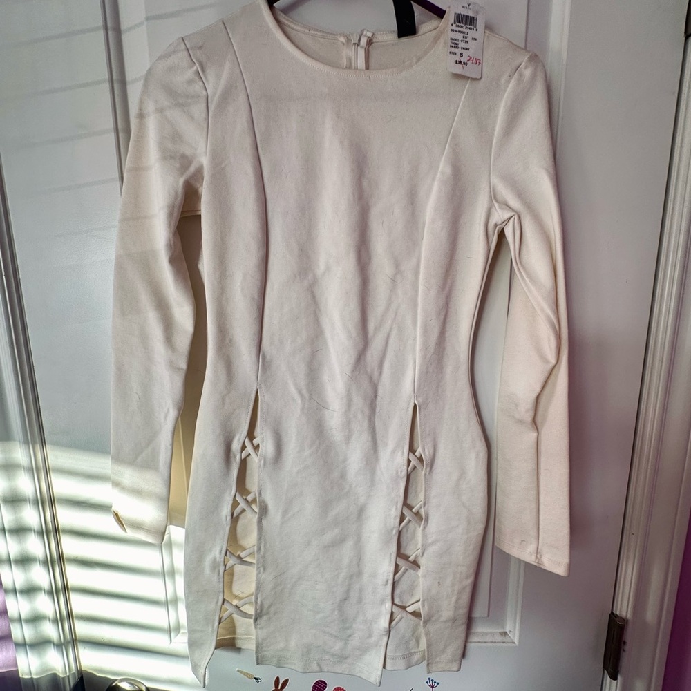 Elegant Cream Long Sleeve Dress with Lace-Up Detail